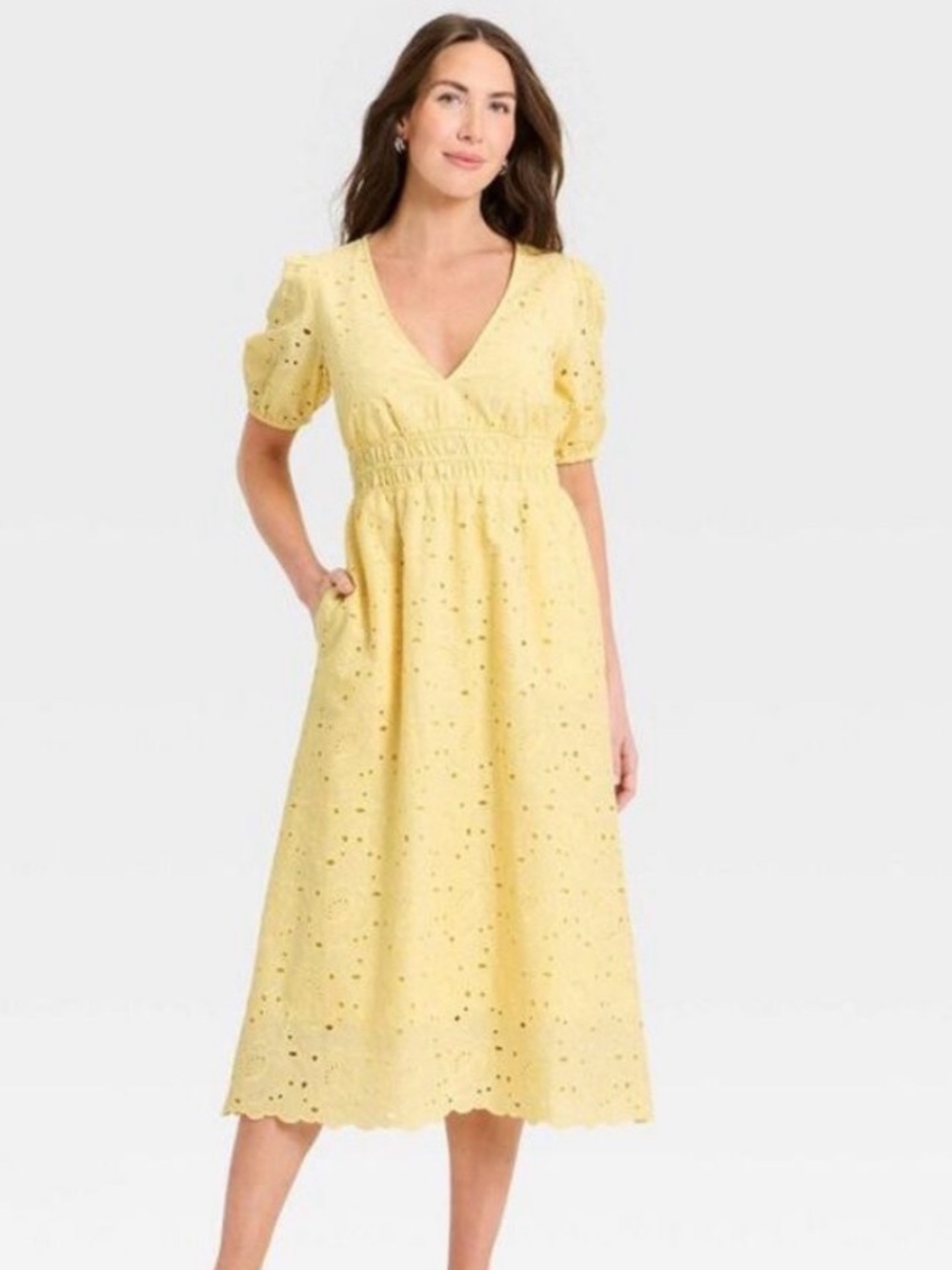🌼NWT A NEW DAY YELLOW EYELET LACE MIDI PUFF SLEEVE DRESS🌼